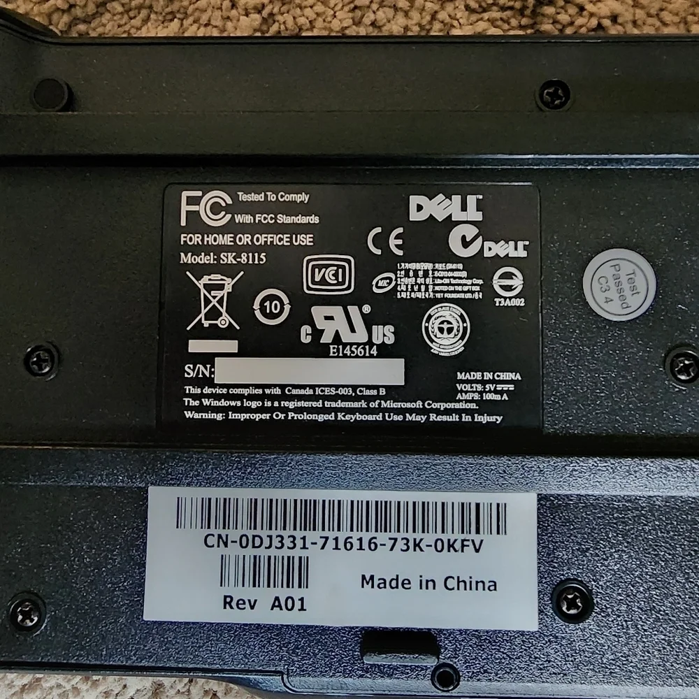 Dell Computer Keyboard Model SK-8115 Black